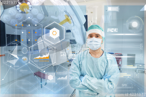 Image of surgeon in operating room at hospital with charts