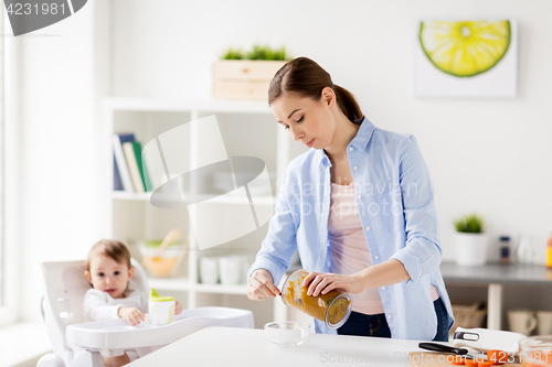 Image of mother with blender cooking baby food at home