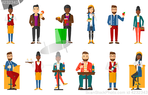 Image of Vector set of people eating and drinking.