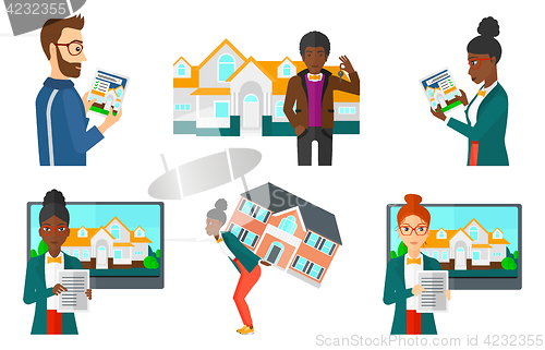 Image of Vector set of real estate agents and house owners.