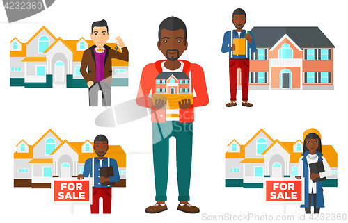 Image of Vector set of real estate agents and house owners.