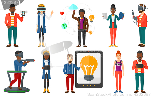 Image of Vector set of people using modern technologies.