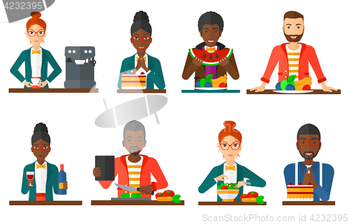 Image of Vector set of people eating and drinking.