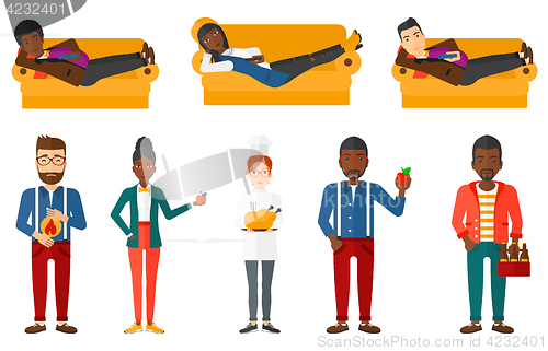 Image of Vector set of people eating and drinking.