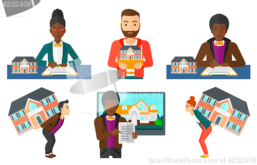 Image of Vector set of real estate agents and house owners.