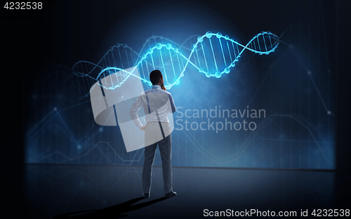 Image of businessman looking at virtual dna molecule