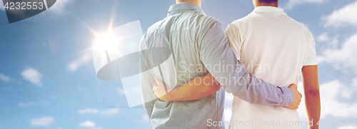 Image of close up of happy male gay couple hugging