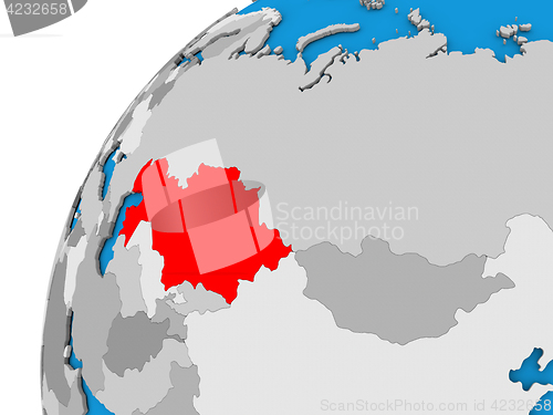 Image of Kazakhstan on globe in red