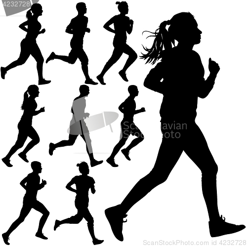 Image of Set of silhouettes. Runners on sprint, men and woman