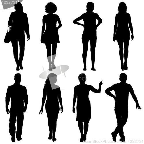 Image of Black silhouette group of people standing in various poses