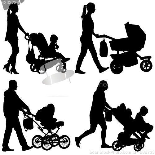 Image of Set black silhouettes Family with pram on white background. illustration