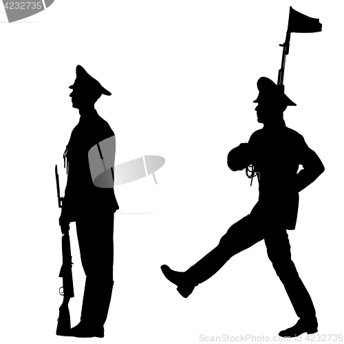 Image of Black set silhouette soldier is marching with arms on parade