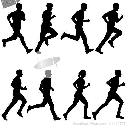 Image of Set of silhouettes. Runners on sprint, men and woman