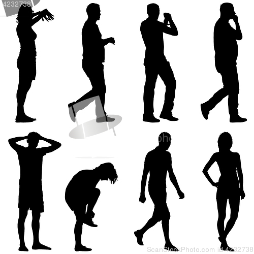 Image of Black silhouette group of people standing in various poses