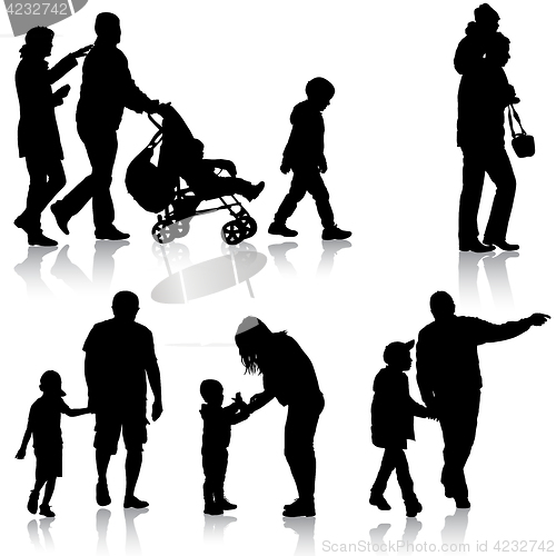 Image of Set black silhouettes Family with pram on white background. illustration