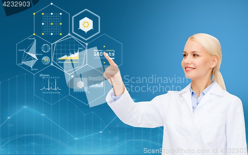 Image of doctor pointing finger to virtual chart over blue