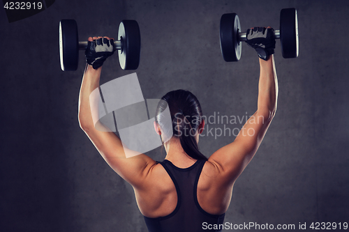 Image of young woman flexing muscles with dumbbells in gym