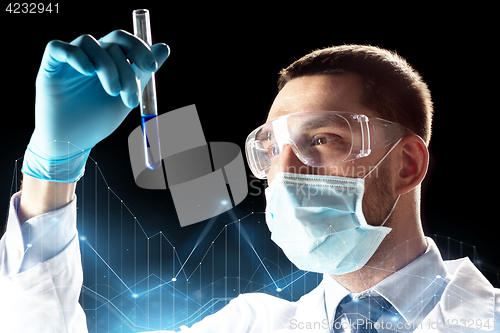 Image of scientist with safety glasses, mask and test tube