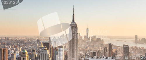 Image of New York City Manhattan downtown skyline at sunset.