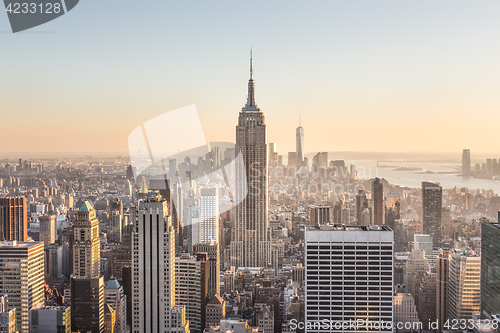 Image of New York City Manhattan downtown skyline at sunset.