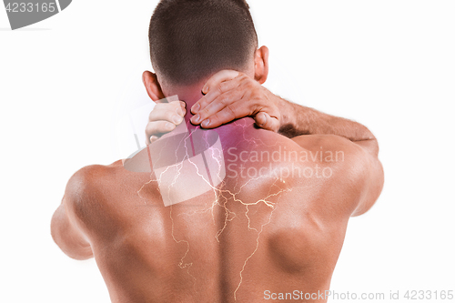 Image of Studio shot of man with pain in neck