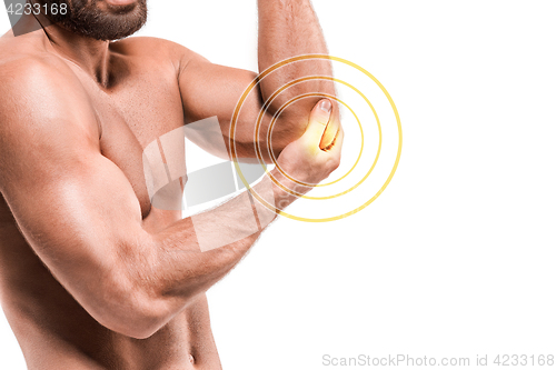 Image of Sport injury, Man with elbow pain. Pain concept.