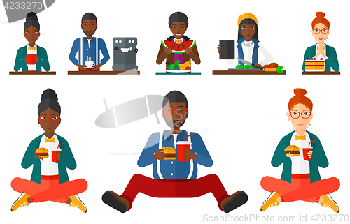 Image of Vector set of people eating and drinking.