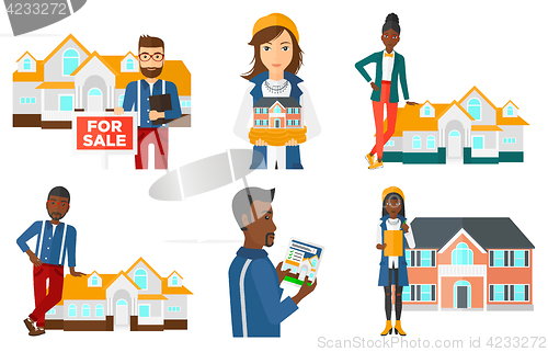 Image of Vector set of real estate agents and house owners.