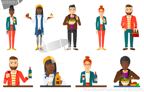 Image of Vector set of people eating and drinking.