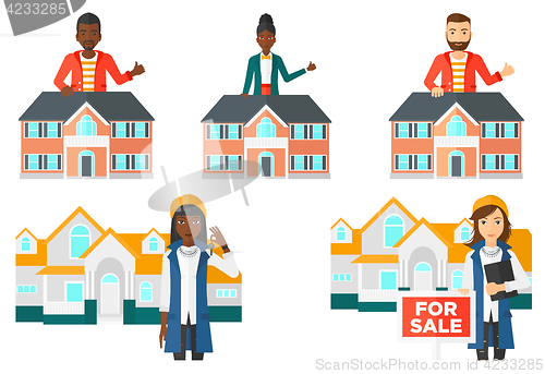 Image of Vector set of real estate agents and house owners.