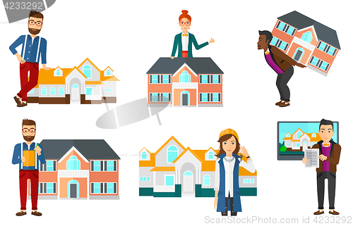 Image of Vector set of real estate agents and house owners.