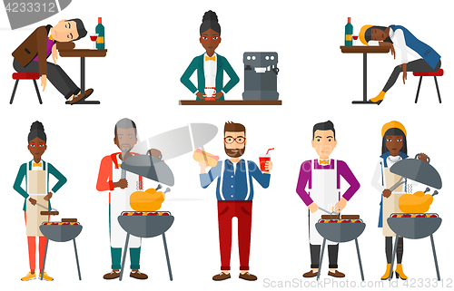 Image of Vector set of people eating and drinking.