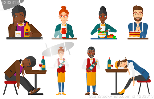 Image of Vector set of people eating and drinking.