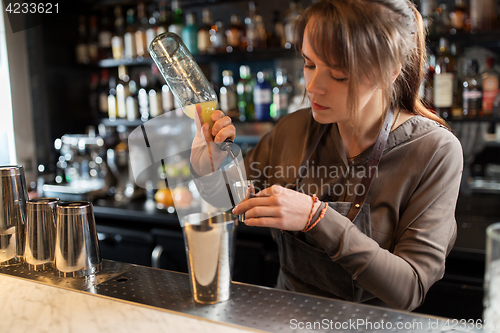 Image of barmaid with shaker preparing cocktail at bar