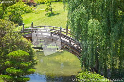 Image of Beautiful Japanese Garden with Pond and Bridge.