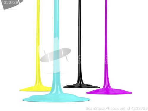 Image of CMYK inks dripping on white background