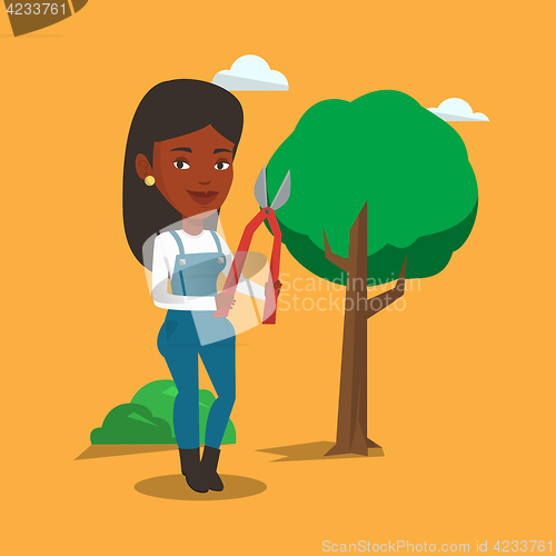 Image of Farmer with pruner in garden vector illustration.