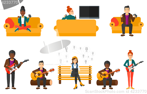 Image of Vector set of musicians and people gaming.