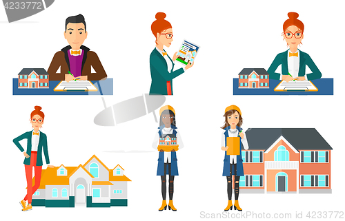 Image of Vector set of real estate agents and house owners.