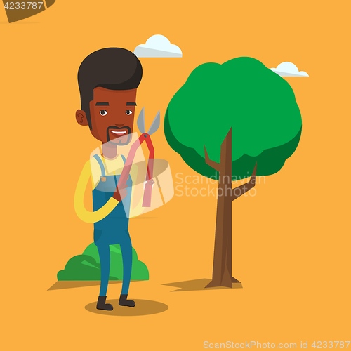 Image of Farmer with pruner in garden vector illustration.