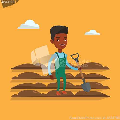 Image of Farmer with shovel at field vector illustration.