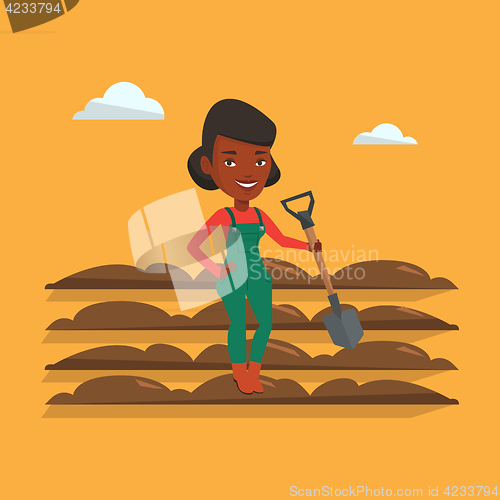 Image of Farmer with shovel at field vector illustration.