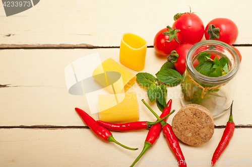 Image of Italian pasta paccheri with tomato mint and chili pepper