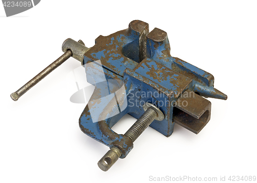 Image of Blue steel vise on white background