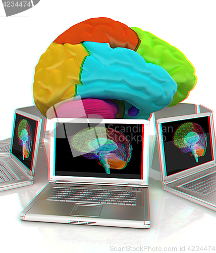 Image of Computers connected to central brain. 3d render. Anaglyph. View 
