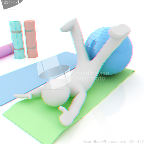 Image of 3d man on a karemat with fitness ball. 3D illustration. Anaglyph