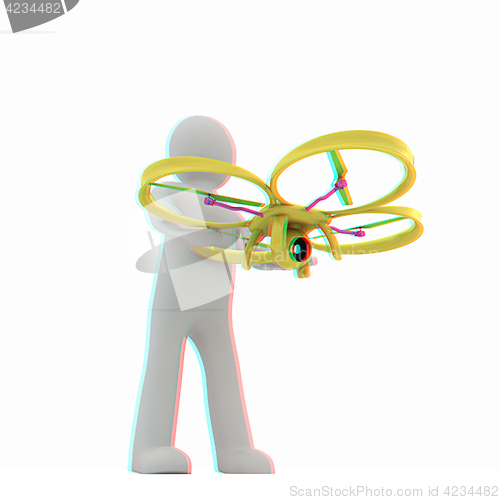 Image of 3d man with drone, quadrocopter, with photo camera. 3d render. 3