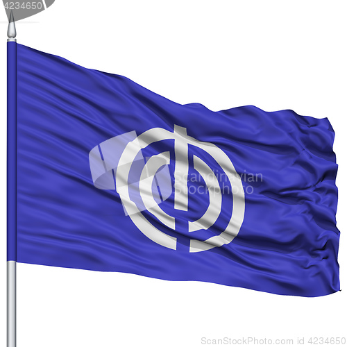 Image of Naha Capital City Flag on Flagpole, Flying in the Wind, Isolated on White Background
