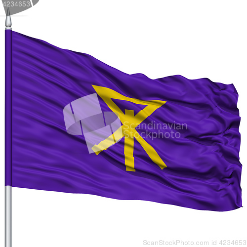 Image of Osaka Capital City Flag on Flagpole, Flying in the Wind, Isolated on White Background