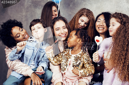 Image of Lifestyle and people concept: young pretty diversity nations woman with different age children celebrating on birth day party together happy smiling, making selfie. African-american, asian and caucasi